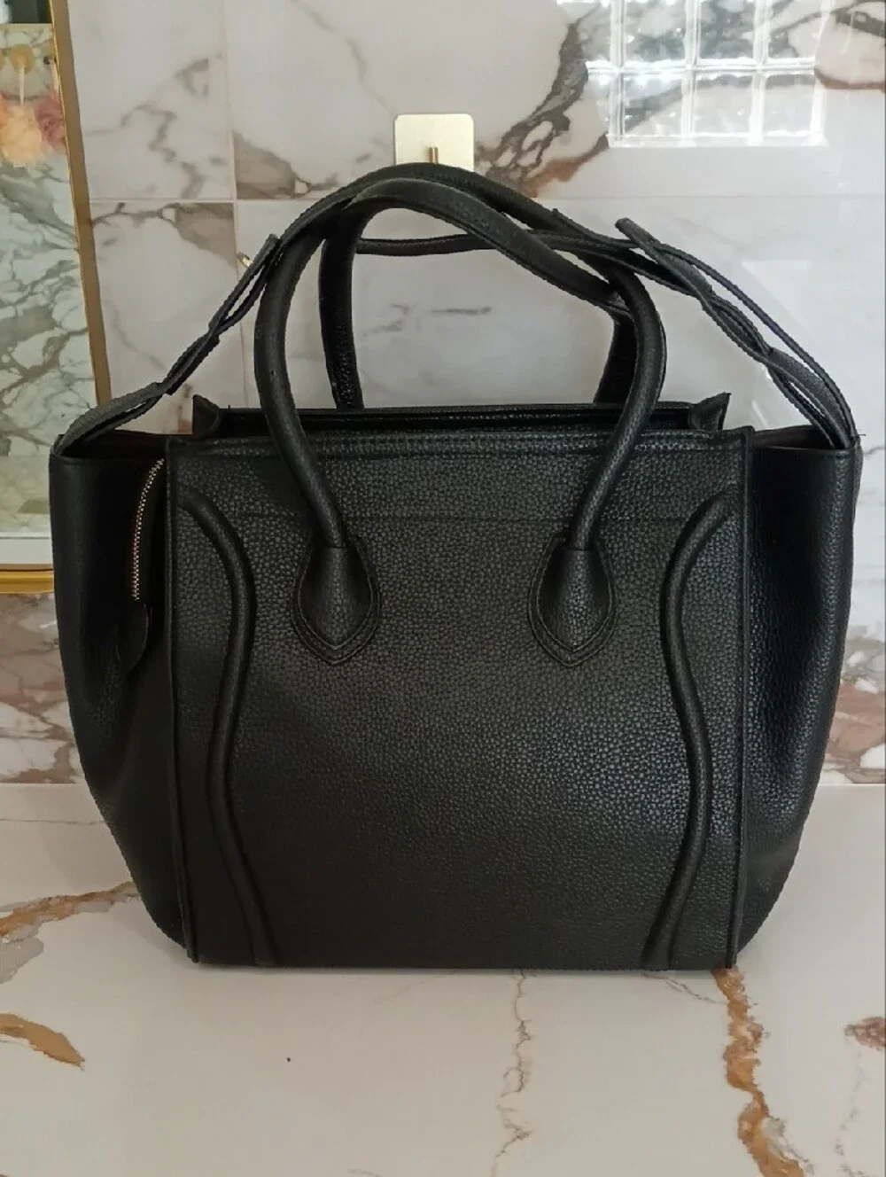 Black Structured Faux Leather Tote Bag - Designer Style